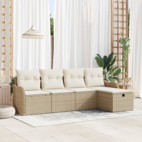 Conjunto de Sofá de Jardín de 5 Piezas con Cojines Beige Poliratán, Sofá de Jardín de 2 asientos con Cojines Beige Poliratán ...