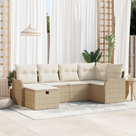 Set de Sofá Jardín de 6 Piezas con Cojines Beige Ratán Poliéster, Sofá Jardín de 2 Plazas con Cojines Beige Ratán Poliéster d...