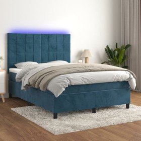 Cama box spring colchón y LED terciopelo azul oscuro 140x190 cm Cama box spring colchón y LED terciopelo azul oscuro 140x190 cm