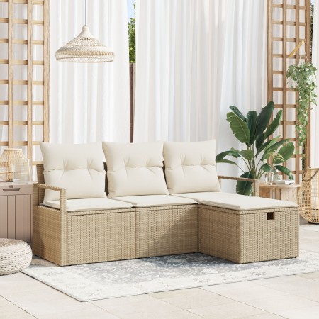 Conjunto de Sofá de Jardín de 4 Piezas con Cojines Ratán Poli Beige, Sofá de Jardín de 2 Plazas con Cojines Ratán Poli Beige ...