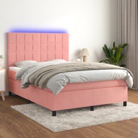 Cama box spring colchón y LED terciopelo rosa 140x200 cm Cama box spring colchón y LED terciopelo rosa 140x200 cm