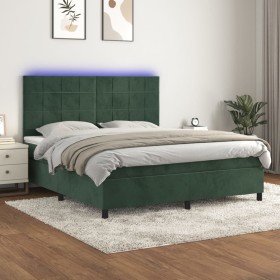 Cama box spring colchón y LED terciopelo verde oscuro 160x200cm en Camas y somieres | Comprar online en Foro24