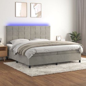 Cama box spring colchón y LED terciopelo gris claro 200x200 cm Cama box spring colchón y LED terciopelo gris claro 200x200 cm