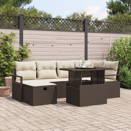 Juego de Sofá de Jardín de 7 Piezas con Cojines Marrón Rattan PE, Sofá de Jardín de 2 Plazas con Cojines Marrón Rattan PE by ...