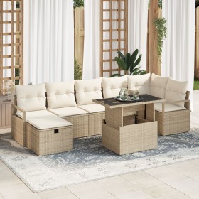 Juego de Sofá de Jardín de 8 Piezas con Cojines Beige Poliratán, Sofá de Jardín para Dos Personas con Cojines Beige Poliratán...