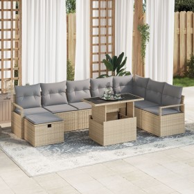 Juego de Sofás de Jardín de 9 Piezas con Cojines Beige Poliratán, Sofá de Jardín de 2 Plazas con Cojines Beige Poliratán by ,...