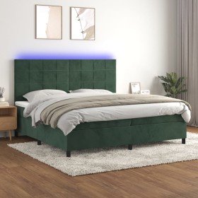 Cama box spring colchón y LED terciopelo verde oscuro 200x200cm Cama box spring colchón y LED terciopelo verde oscuro 200x200cm