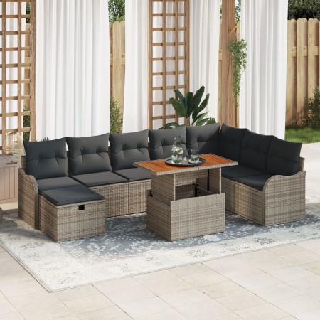 Conjunto de Sofás de Jardín de 9 Piezas con Cojines Ratán Gris, Sofá de Jardín de 2 Plazas con Cojines Ratán Gris by , Outdoo...