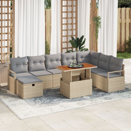 Juego de Sofás de Jardín de 9 Piezas con Cojines Poliratán Beige, Sofá de Jardín para 2 Personas con Cojines Poliratán Beige ...