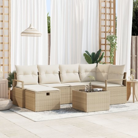 Juego de sofá de jardín de 7 piezas con cojines Beige Ratán, Sofá de jardín de 2 plazas con almacenamiento y cojines Beige Ra...
