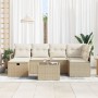 Juego de sofá de jardín de 7 piezas con cojines Beige Ratán, Sofá de jardín de 2 plazas con almacenamiento y cojines Beige Ra...