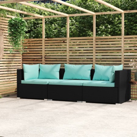 3-Sitzer-Sofa mit schwarzen synthetischen Rattankissen von vidaXL, Gartensets - Ref: Foro24-317533, Preis: 332,53 €, Rabatt: %
