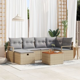 Juego de Sofá de Jardín de 7 Piezas con Cojines Beige Ratán, Sofá de Jardín de 2 Plazas con Almacenamiento y Cojines Beige Ra...
