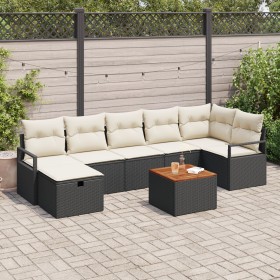 Set de Sofá de Jardín de 8 Piezas con Cojines Negro Ratán, Sofá de Jardín de 2 Plazas con Almacenamiento y Cojines Negro Ratá...
