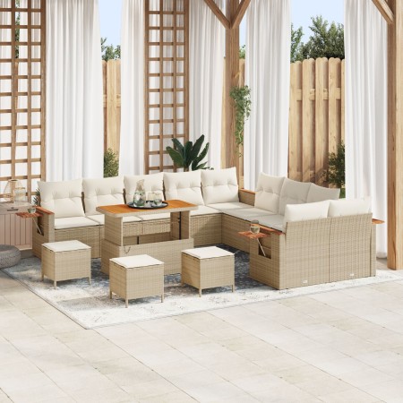 Sofá de Jardín de 14 Piezas con Cojines Beige Ratán Acacia, Comedor de Jardín de 4 Piezas con Cojines Beige Ratán Acacia | Foro24.es | Tu tienda online para hogar, jardín y más Foro24.es