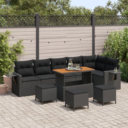Conjunto Sofás Jardín 9 Piezas con Cojines Ratán Negro Acacia, Conjunto Comedor Jardín 3 Piezas con Cojines Ratán Negro Acaci...