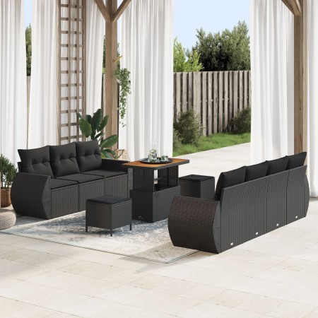 Sofá de jardín de 10 piezas con cojines de poliratán negro, Comedor de jardín de 3 piezas con cojines de poliratán negro by ,...