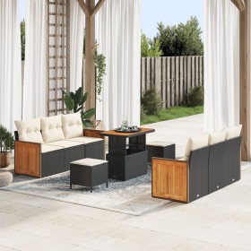 Sofás de Jardín de 9 piezas con Cojines Negro Ratán PE Acacia, Comedor de Jardín de 3 piezas con Cojines Negro Ratán PE Acaci...