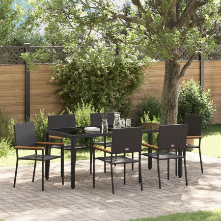 Juego de Comedor de Jardín de 7 Piezas Negro Poliratán, Sillas de Jardín apilables con Cojines - Set de 2 en Negro Poliratán ...