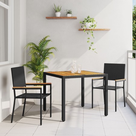 Juego de Comedor de Jardín de 3 Piezas Poliratán Negro, Sillas de Jardín apilables con cojines - Juego de 2 en Poliratán Negr...