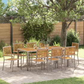 Juego de Comedor de Jardín de 9 Piezas Gris Polirratán Acacia, Sillas de Jardín Apilables con Cojines 2 pcs Gris Polirratán d...