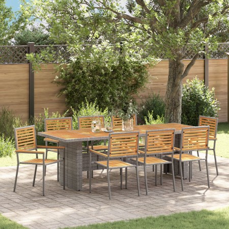 Juego de Comedor de Jardín de 9 piezas Gris Poliratán Acacia, Sillas Apilables de Jardín con Cojines 2 pcs Gris Poliratán von...