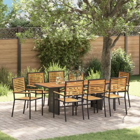 Set de Comedor de Jardín de 9 Piezas Acero Polirratán Negro, Sillas de Jardín Apilables con Cojines 2 pcs Polirratán Negro de...