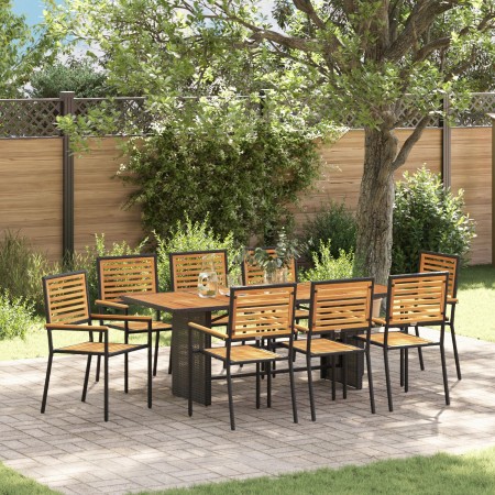 Set de Comedor de Jardín  de 9 Piezas Acero Polirratán Negro, Sillas de Jardín Apilables  con Cojines 2 pcs Polirratán Negro | Foro24.es | Tu tienda online para hogar, jardín y más Foro24.es
