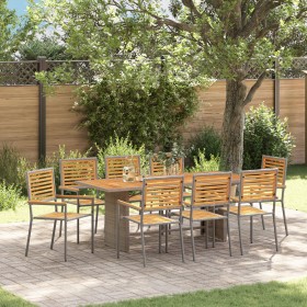 Juego de Comedor de Jardín de 9 Piezas Gris Poliratán Acacia, Sillas de Jardín Apilables con Cojines 2 pcs Gris Poliratán de ...