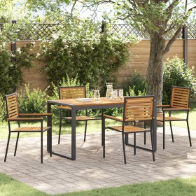 Set de Comedor Jardín de 5 Piezas Negro Poly Ratan Acacia, Sillas Apilables de Jardín con Cojines 2 pcs Negro Poly Ratan de ,...