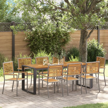 Juego de Comedor de Jardín de 9 Piezas Gris Poliratán Acacia, Sillas de Jardín Apilables con Cojines 2 pcs Gris Poliratán de ...