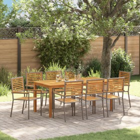 Juego de Comedor de Jardín de 9 Piezas Gris Polirratán Acacia, Sillas de Jardín Apilables con Cojines 2 pcs Gris Polirratán d...