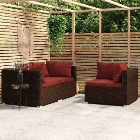 Set muebles de jardín 3 piezas y cojines ratán sintético marrón by vidaXL, Modular outdoor sofas - Ref: Foro24-317549, Price:...