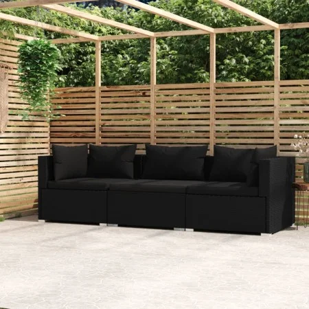3-Sitzer-Sofa mit schwarzen synthetischen Rattankissen von vidaXL, Gartensets - Ref: Foro24-317522, Preis: 347,12 €, Rabatt: %