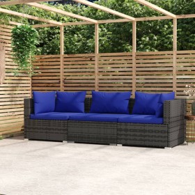 Sofá de jardín de 3 plazas con cojines ratán sintético gris de vidaXL, Conjuntos de jardín - Ref: Foro24-317566, Precio: 247,...