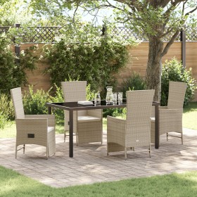 Juego de Comedor de Jardín de 5 Piezas con Cojines Beige de Ratán Poliéster de , Sillas de jardín - Ref: Foro24-3379474, Prec...