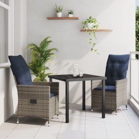 Juego de Comedor de Jardín de 3 Piezas con Cojines de Ratán Gris de , Mesa de Jardín Negra 80x80x73 cm con Cristal Templado v...