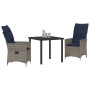 Juego de Comedor de Jardín de 3 Piezas con Cojines de Ratán Gris de , Mesa de Jardín Negra 80x80x73 cm con Cristal Templado v...