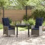 Juego de Comedor de Jardín de 3 Piezas con Cojines de Ratán Gris de , Mesa de Jardín Negra 80x80x73 cm con Cristal Templado v...