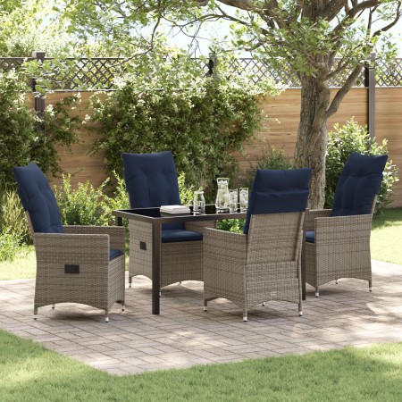 Juego de Comedor de Jardín de 5 Piezas con Cojines Grises de Polirratán, Mesa de Jardín Negra 140x80x73 cm Cristal Templado b...