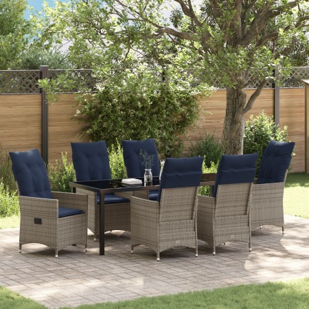 Conjunto de Comedor de Jardín de 7 Piezas con Cojines de Ratán, Mesa de Jardín Negra 200x80x73 cm con Cristal Templado von , ...
