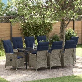 Conjunto de Comedor de Jardín de 9 Piezas con Cojines Gris Ratán, Mesa de Jardín Negra 200x80x73 cm Vidrio Templado de , Mesa...