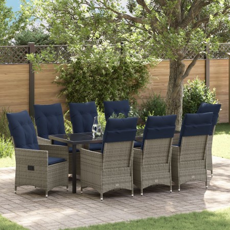 Conjunto de Comedor de Jardín de 9 Piezas con Cojines Gris Ratán, Mesa de Jardín Negra 200x80x73 cm Vidrio Templado von , Gar...