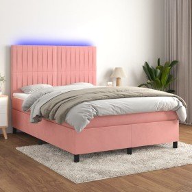 Cama box spring colchón y LED terciopelo rosa 140x200 cm Cama box spring colchón y LED terciopelo rosa 140x200 cm