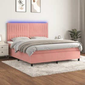 Cama box spring colchón y LED terciopelo rosa 160x200 cm Cama box spring colchón y LED terciopelo rosa 160x200 cm