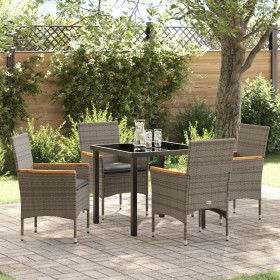 Juego de Comedor de Jardín de 5 Piezas con Cojines de Poliratán Gris, Mesa de Jardín Negra 80x80x73 cm de Cristal Templado vo...