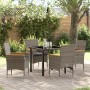 Juego de Comedor de Jardín de 5 Piezas con Cojines de Poliratán Gris, Mesa de Jardín Negra 80x80x73 cm de Cristal Templado vo...