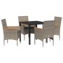 Juego de Comedor de Jardín de 5 Piezas con Cojines de Poliratán Gris, Mesa de Jardín Negra 80x80x73 cm de Cristal Templado vo...