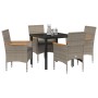 Juego de Comedor de Jardín de 5 Piezas con Cojines de Poliratán Gris, Mesa de Jardín Negra 80x80x73 cm de Cristal Templado vo...