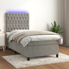 Cama box spring colchón y LED terciopelo gris claro 90x190 cm Cama box spring colchón y LED terciopelo gris claro 90x190 cm